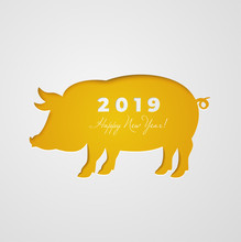 Cut Out Pig In Paper Design Isolated On White Paper Background. Yellow Pig Symbol Of Chinese New Year 2019. Zodiac Sign For Greetings Card, Flyers, Invitation, Posters, Brochure, Banners, Calendar.