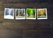 Photos of four seasons attached to dark wooden wall. Seasons on dark background