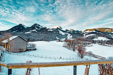 Wall Mural - Landscape with Alps Mountains in Gruyeres winter