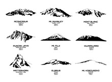 Outline Vector Illustration Of Highest Mountains Of Continents