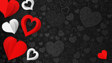 Background With Paper Volume Hearts, White And Red On Black