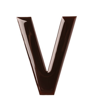 Chocolate letter V on white background, top view