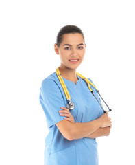 Wall Mural - Portrait of young medical assistant with stethoscope on white background