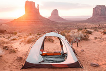 Tent On Sand Against Sky At Monument Valley Tribal Park During Sunset
