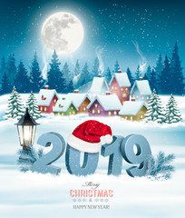 Poster - Holiday christmas background with 2019 and gift boxes and landscape. Vector