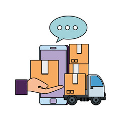 Wall Mural - delivery truck with boxes and smartphone