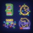 Game room neon sign set. Retro arcade machine, vr headset, gamepad on brick wall background. Vector illustration in neon style for topics like gambling, amusement, videogame
