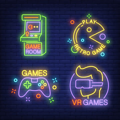 Aufkleber - Game room neon sign set. Retro arcade machine, vr headset, gamepad on brick wall background. Vector illustration in neon style for topics like gambling, amusement, videogame
