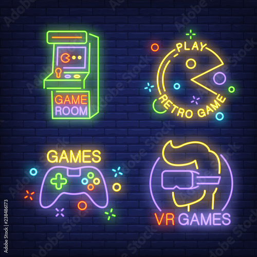 Game Room Neon Sign Set Retro Arcade Machine Vr Headset Gamepad On Brick Wall Background Vector Illustration In Neon Style For Topics Like Gambling Amusement Videogame Stock Vector Adobe Stock game room neon sign set retro arcade