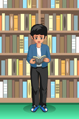 Sticker - Student Boy Reading in the Library Illustration