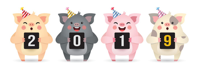 Wall Mural - 2019 year of the pig. Cute cartoon pigs with number of 2019 isolated on white background. Happy new year flat vector design element. Cartoon pig in different color. 