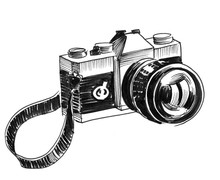 Retro Camera On White Background. Ink Black And White Drawing