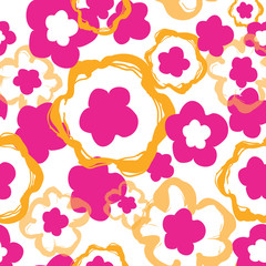 Playful, mod 1960s style pop art flora in bright colors. Colorful seamless vector pattern on white background. Great for party invitations, textiles, cards, fashion, home decor and graphic design use.