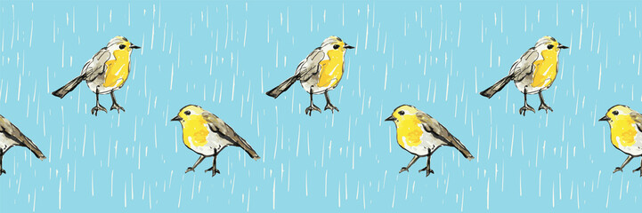 Wall Mural - Cute hand-drawn yellow birds standing in the rain on a bright aqua background. Seamless vector border that is great for textiles, tea towel designs, stationery and paper, washi tape and ribbon.