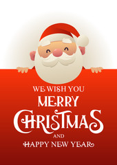 Happy cute Santa Claus stands behind red signboard advertisement banner with text Merry Christmas and Happy New Year