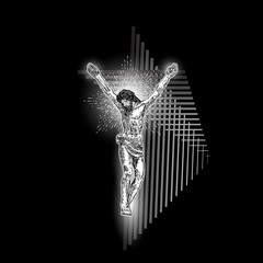 Jesus Christ crucifixion on modern geometric cross tattoo. Prophet on sacred geometry minimal art. Symbol of new age Christianity prayer and religion Vector.