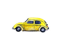 Watercolor Vintage Yellow Retro Car, Isolated On White Background