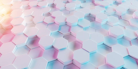 White blue and pink hexagons background pattern 3D rendering