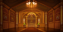 Golden Palace. Golden City. Castle Interior. Fiction Backdrop. Children Backdrop. Concept Art. Realistic Illustration. Video Game Digital CG Artwork. Nature Scenery.
