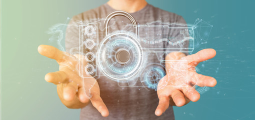 Poster - Man holding a Shield web security concept 3d rendering