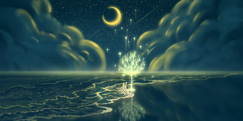 sea, boat and hope. fiction backdrop. concept art. realistic illustration. video game digital cg art