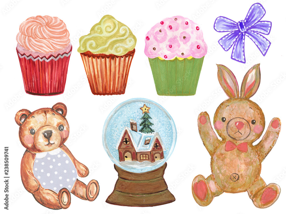 Watercolor set of cute cartoon watercolor Rabbit Bunny Teddy bear and ...