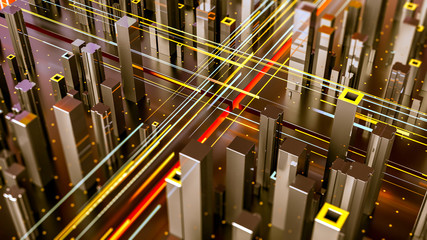 Wall Mural - Creative abstract concept of technology and connection with city digital skyscrappers and traffic. 3d illustration.