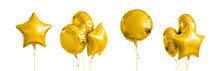 Holidays And Birthday Party Decoration Concept - Many Metallic Gold Helium Balloons Of Different Shapes Over White Background