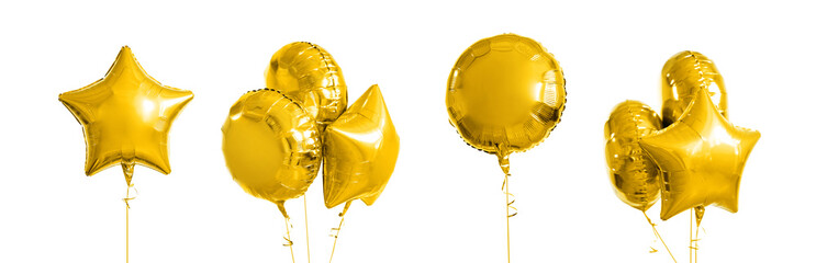 holidays and birthday party decoration concept - many metallic gold helium balloons of different shapes over white background