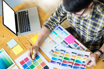 Poster - professional creative architect graphic desiner occupation choosing the color pantone palette sample