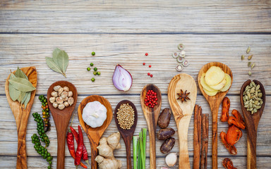 Poster - Various of spices and herbs in wooden spoons. Flat lay of spices ingredients chilli ,pepper corn, garlic, thyme, oregano, cinnamon, star anise, nutmeg, mace, sage and parsley on the wooden background.