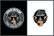 cute monkey cartoon head or chimpanzee wearing sunglasses vector round or stamp logo template