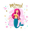 © Дарья Михайлова - Hand sketched Mermaid text. Lettering typography for t-shirt design, birthday party, greeting card, party invitation, logo, badge, patch, icon, banner template. Vector illustration.