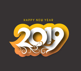 Happy New Year 2019 Swirl Text Design Patter, Vector illustration.