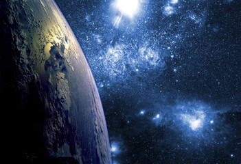 Wall Mural - close up planet earth biosphere in space with stars and galaxy on background. elements of this image