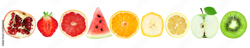 Collection of fruit slices isolated on white - obrazy, fototapety, plakaty 