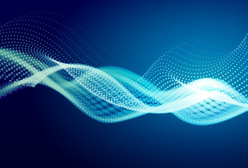 Abstract blue digital landscape with flowing particles. Cyber or technology background.