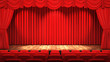 Leere Theater Bühne mit rotem Vorhang und Sitzreihen, 3D Rendering