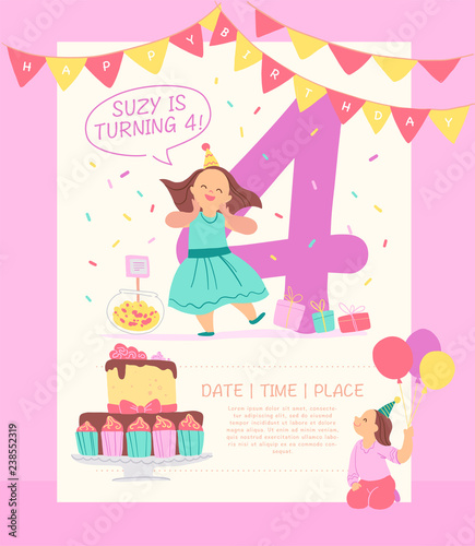 Vector Invitation Design Template For Birthday Party With Bd Cake
