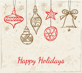 Wall Mural - retro holiday card with christmas toys. vector banner with hand-drawn decor. vintage christmas decor
