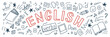 English. Language hand drawn doodles and lettering on white background. Education banner. Vector illustration.