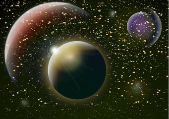 Wall Mural - deep space background. universe with planets and bright stars. effects of halo light on a dark backg