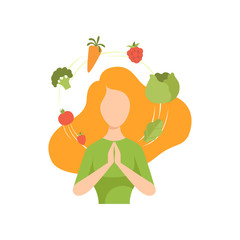 Sticker - Young woman surrounded by vegetables and fruits flying around her, healthy eating, diet, organic vegan food vector Illustration