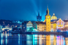 Scenic View Over Old Town In Prague, Czech Republic, At Nighttime. Beautiful Travel Background.