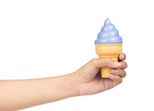 Hand Holding Blue Ice Cream Cone Isolated On White Background