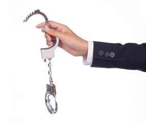 Wall Mural - businessman holding shackle isolated on white background