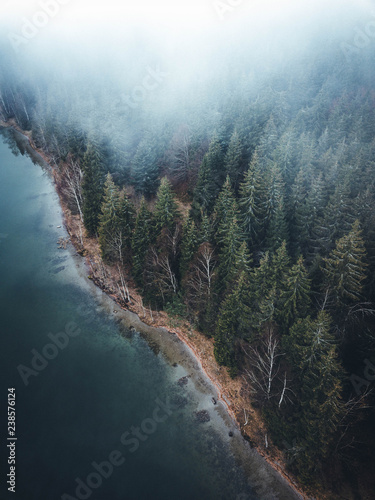 Fotografía Scenic evergeen foggy forest and lake in autumn,captured with a drone from above