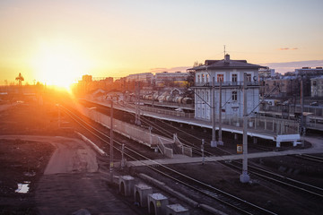 Wall Mural - railway at sunset public transport. transportation of people and freight.