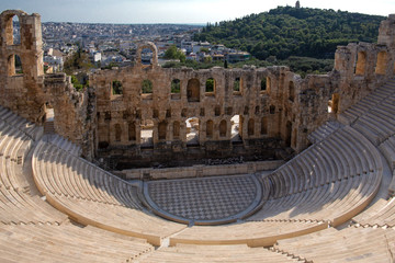 Ancient theatre of Herodes Atticus is a small building of ancient Greece used for public performances of music and poetry, below on the Acropolis . Herodus Atticus theater at Athens, Greece