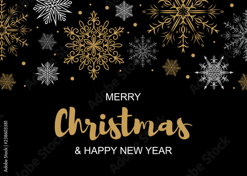 Fotografía Horizontal Merry Christmas and Happy New Year greeting card with beautiful golden and white snowflakes on black background